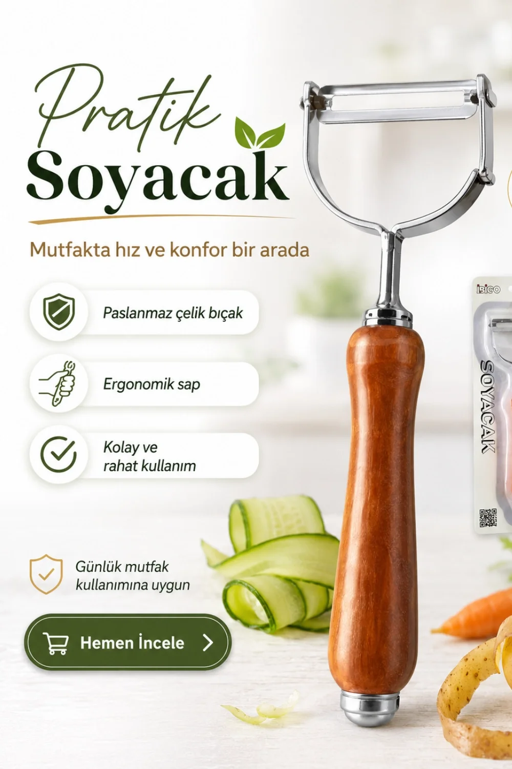 Ahşap Saplı Tek Başlıklı Metal Sebze ve Meyve Soyacağı Ergonomik Mutfak Aparatı