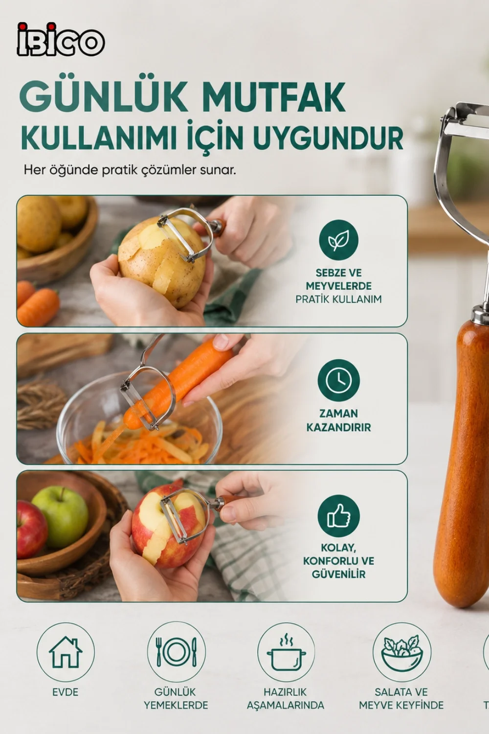 Ahşap Saplı Tek Başlıklı Metal Sebze ve Meyve Soyacağı Ergonomik Mutfak Aparatı