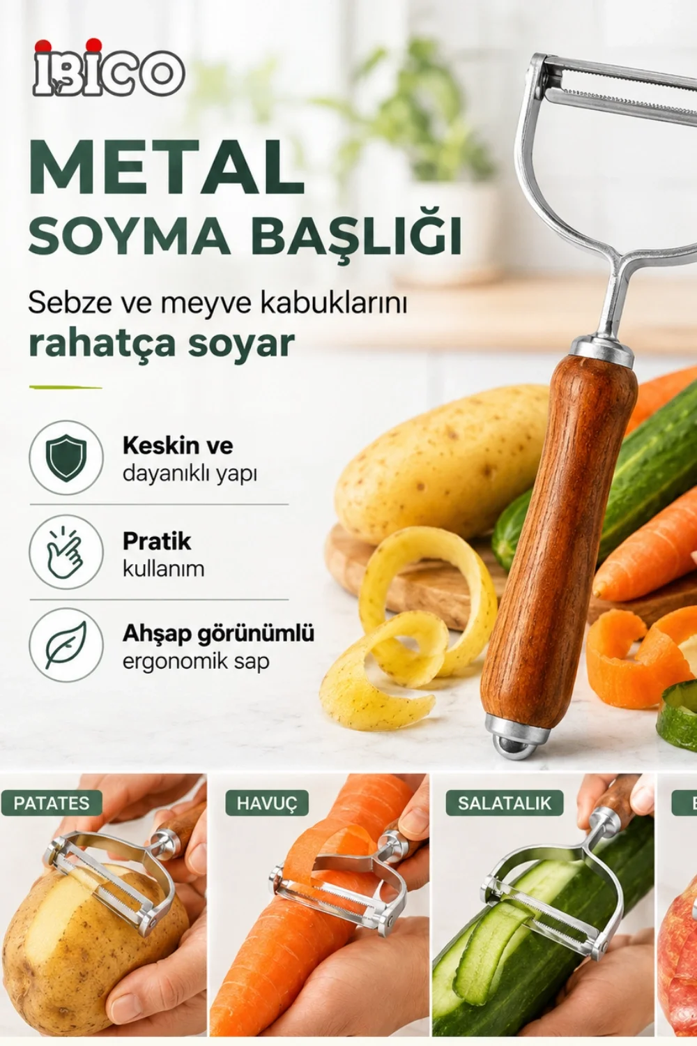 Ahşap Saplı Tek Başlıklı Metal Sebze ve Meyve Soyacağı Ergonomik Mutfak Aparatı