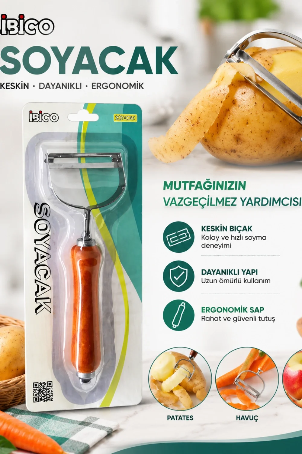 Ahşap Saplı Tek Başlıklı Metal Sebze ve Meyve Soyacağı Ergonomik Mutfak Aparatı