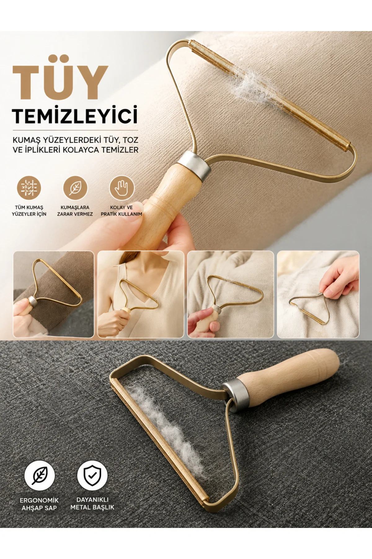 Ahşap Saplı Tiftik Toplayıcı Kıyafet Tüy Temizleyici Kumaş Kazak 