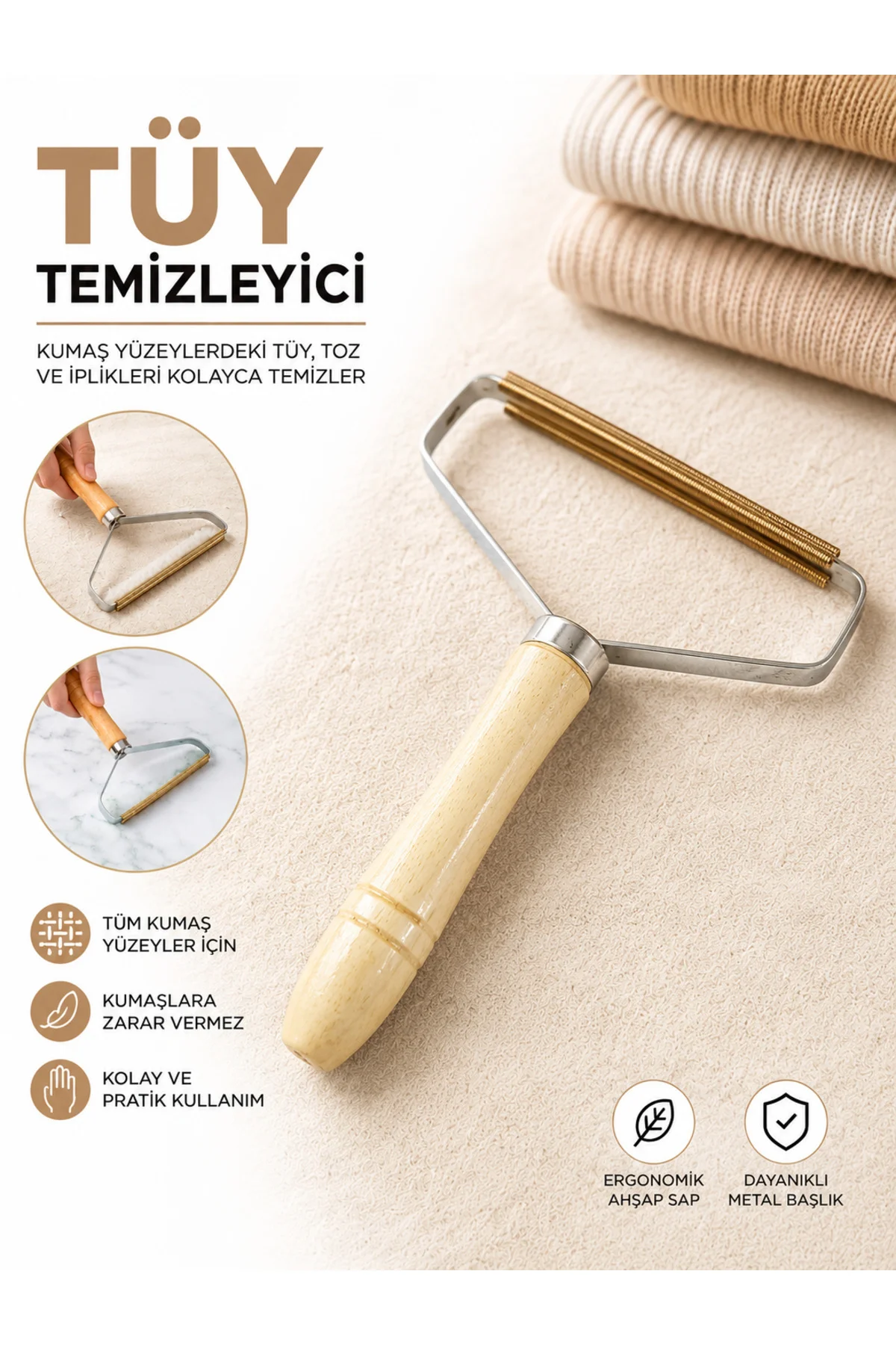 Ahşap Saplı Tiftik Toplayıcı Kıyafet Tüy Temizleyici Kumaş Kazak 