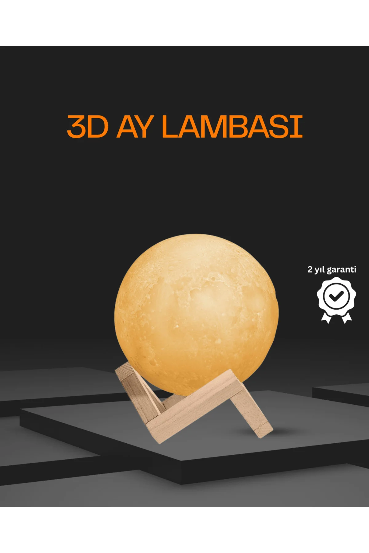 Ahşap Standlı 3D Baskı Ay Lambası 16 Renkli ve Şarjlı Uzaktan Kum