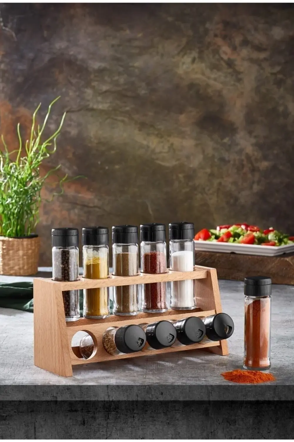 Ahşap Standlı Baharat Takımı Baharatlık Ahşap Stantlı Tuzluk Bibe