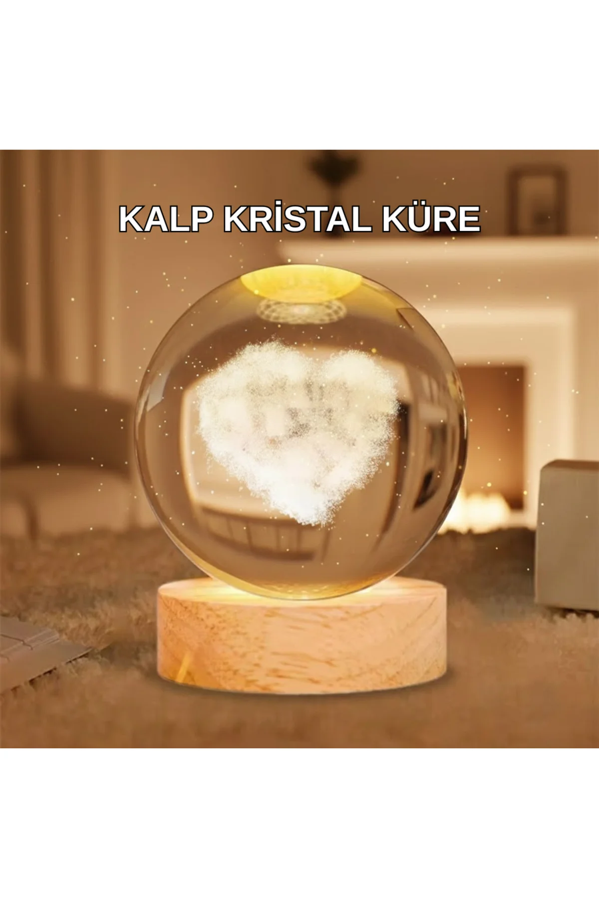 Ahşap Standlı Kalp Motifli Işıklı Cam Küre Hediye Seçeneği