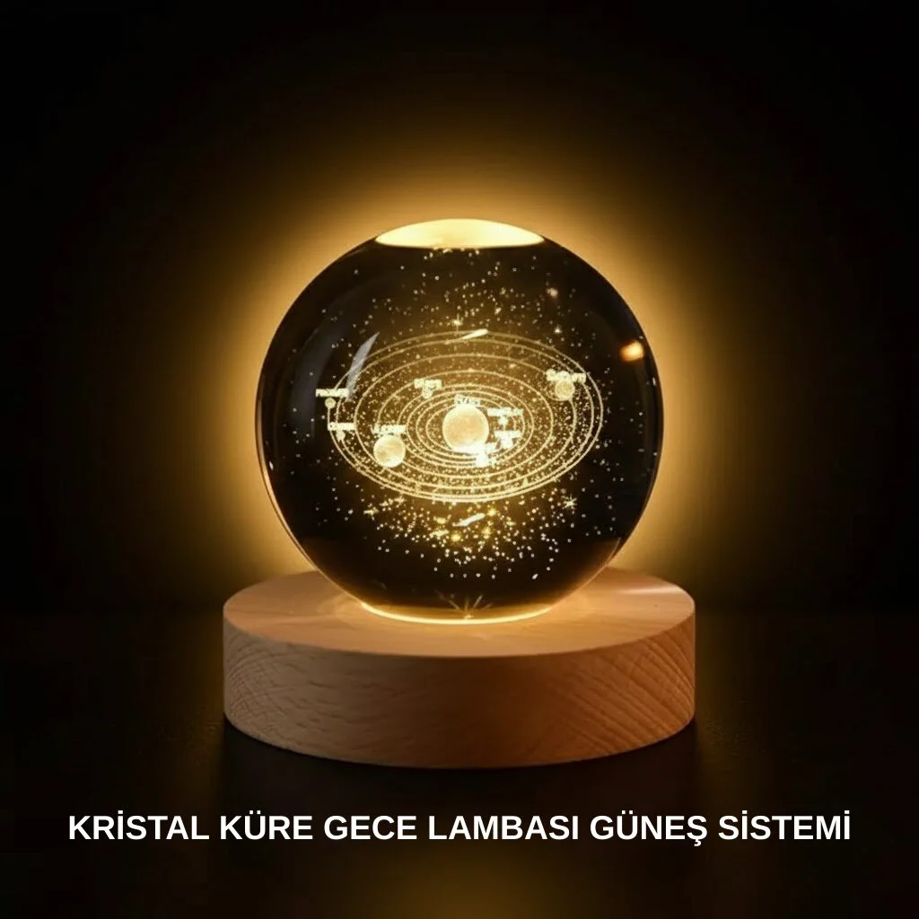 Ahşap Standlı LED Kristal Küre Lazer İşlemeli Dekoratif Gece Lambası
