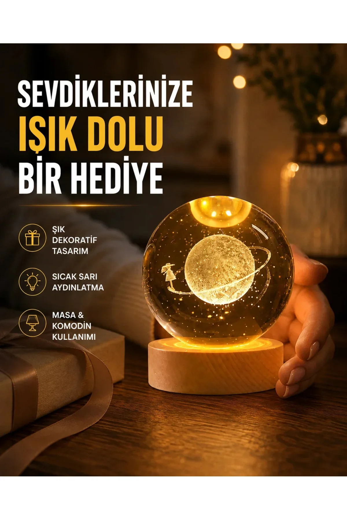 Ahşap Standlı Sarı Işıklı Dekoratif Küre Kız Figürü Tasarım Ahşap Standlı Sarı Işıklı Dekoratif Küre Kız Figürü Tasarım