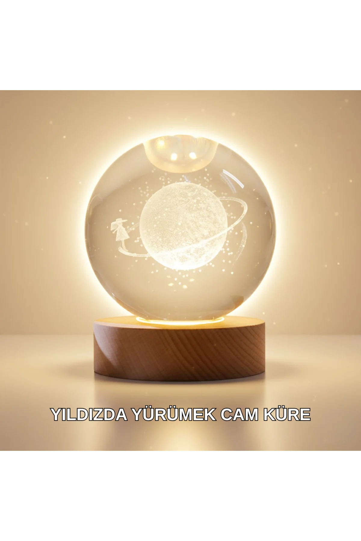 Ahşap Standlı Sarı Işıklı Dekoratif Küre Kız Figürü Tasarım