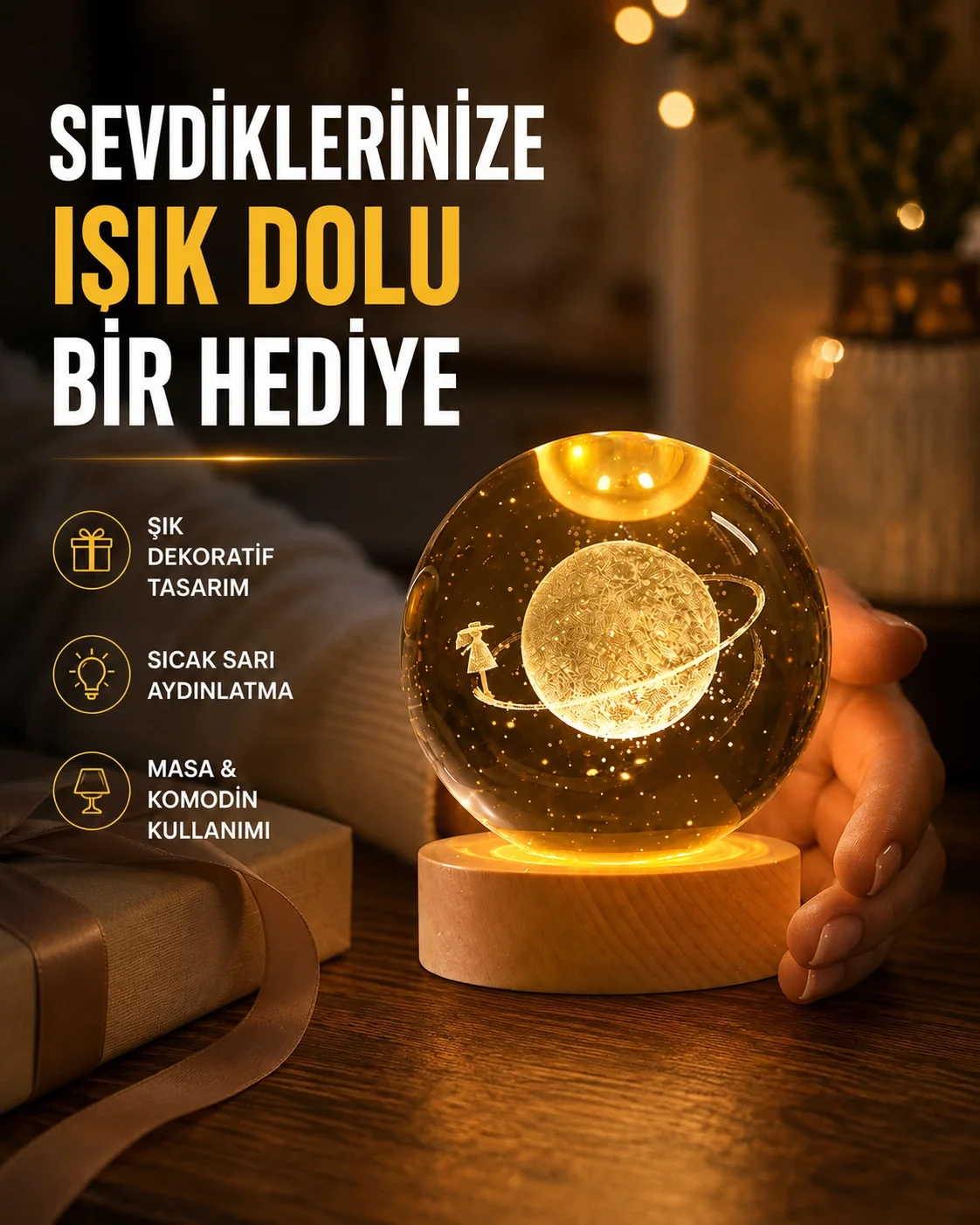 Ahşap Standlı Sarı Işıklı Dekoratif Küre Kız Figürü Tasarım Ahşap Standlı Sarı Işıklı Dekoratif Küre Kız Figürü Tasarım