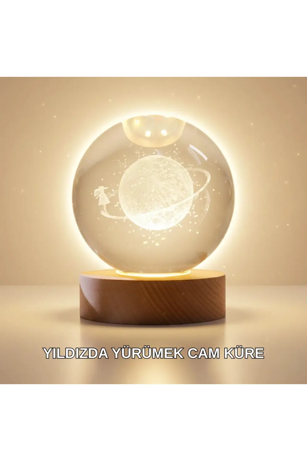 Ahşap Standlı Sarı Işıklı Dekoratif Küre Kız Figürü Tasarım