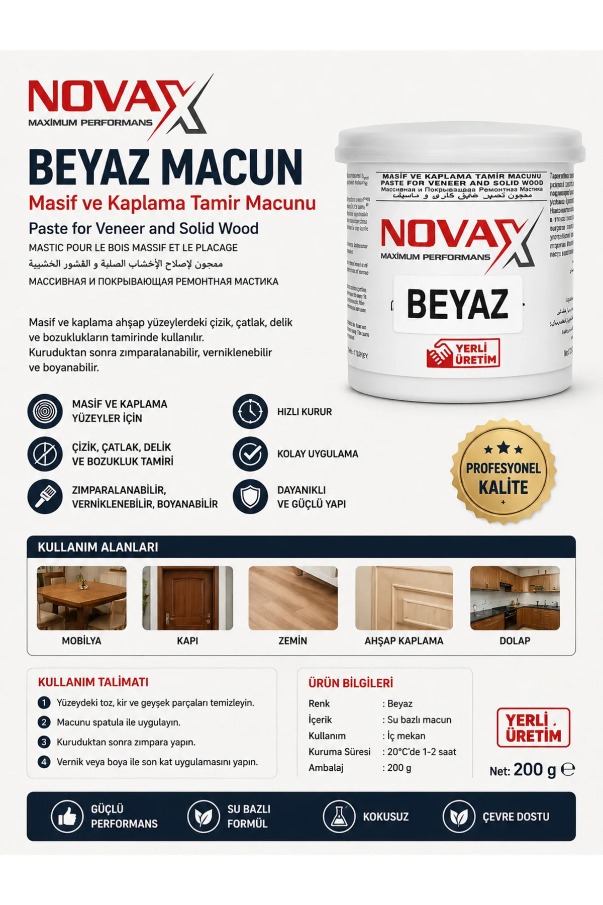 AHŞAP TAMİR MACUNU BEYAZ RENK 200 ML
