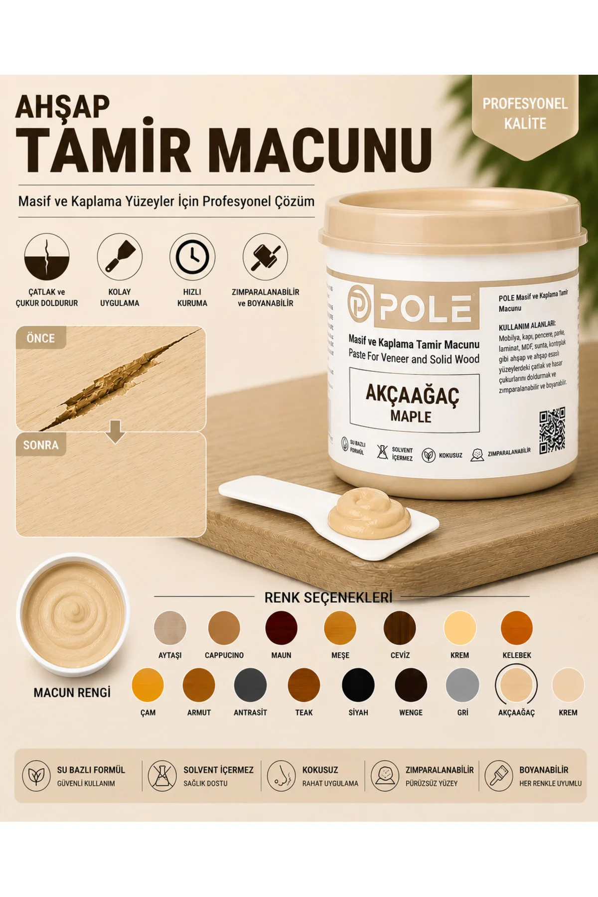 Ahşap Tamir Macunu Su Bazlı Çatlak Dolgu Macunu Mobilya MDF Kapı Parke Duvar Laminat Tamir Macunu