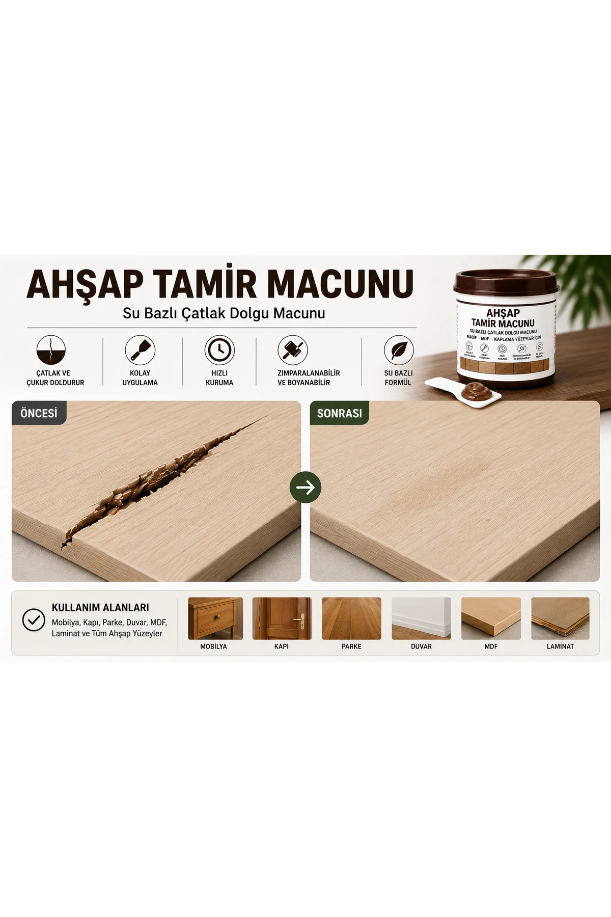 Ahşap Tamir Macunu Su Bazlı Çatlak Dolgu Macunu Mobilya MDF Kapı 