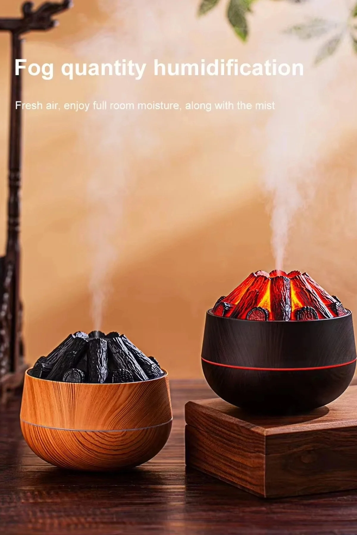 Ahşap Tasarımlı Soğuk Buhar Hava Nemlendirici ve Aroma Difüzörü, 300 ml Kapasiteli, Bej Renk