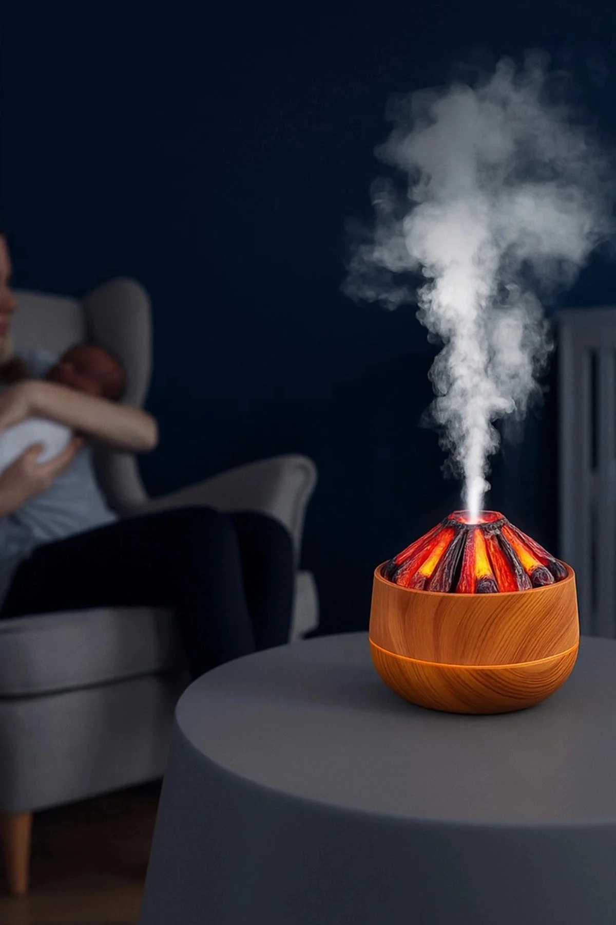 Ahşap Tasarımlı Soğuk Buhar Hava Nemlendirici ve Aroma Difüzörü, 300 ml Kapasiteli, Bej Renk