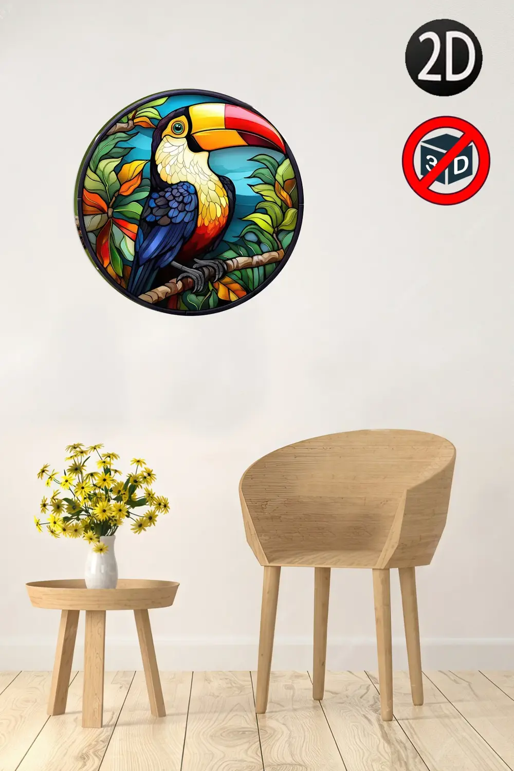 Ahşap Tukan Temalı 28x28 cm Yuvarlak Ev, Bahçe Mutfak Duvar Dekor