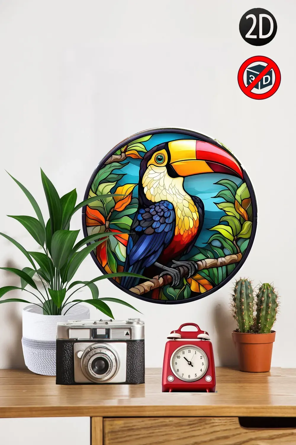 Ahşap Tukan Temalı 28x28 cm Yuvarlak Ev, Bahçe Mutfak Duvar Dekor