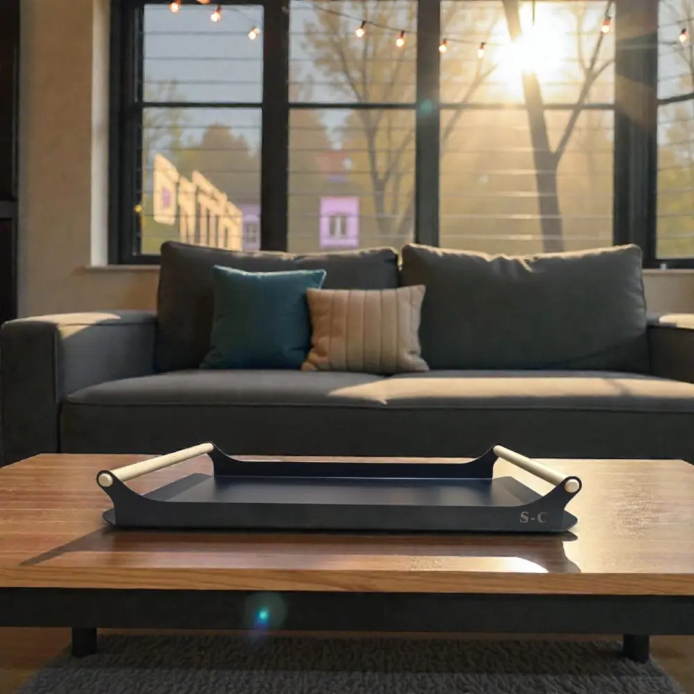 Ahşap Tutma Saplı Siyah Metal Sunum Tepsisi, Çay Tepsisi, Nişan T