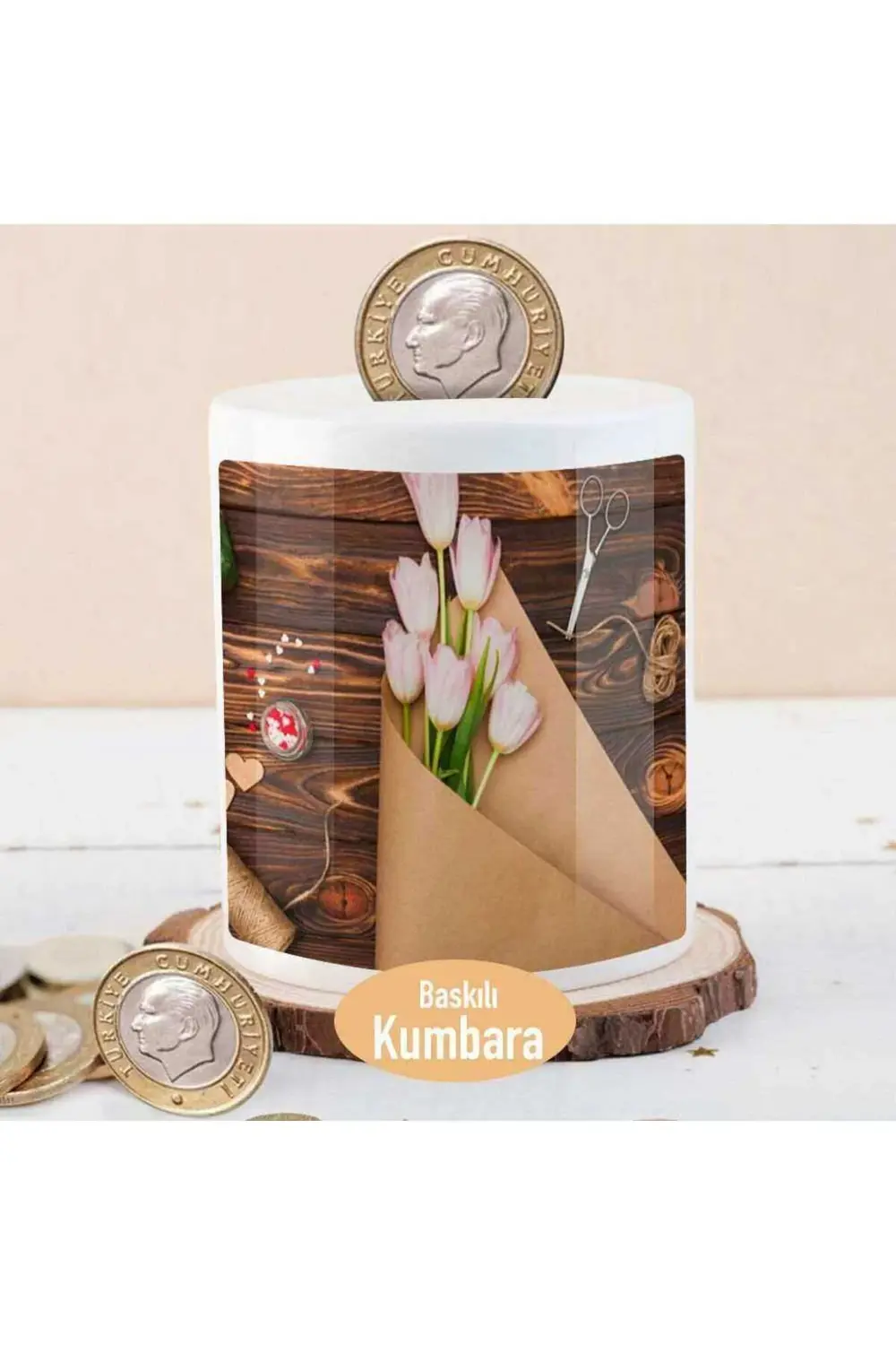 Ahşap Üzerinde Beyaz Laleler Baskılı Para Birikim Kumbarası-2148