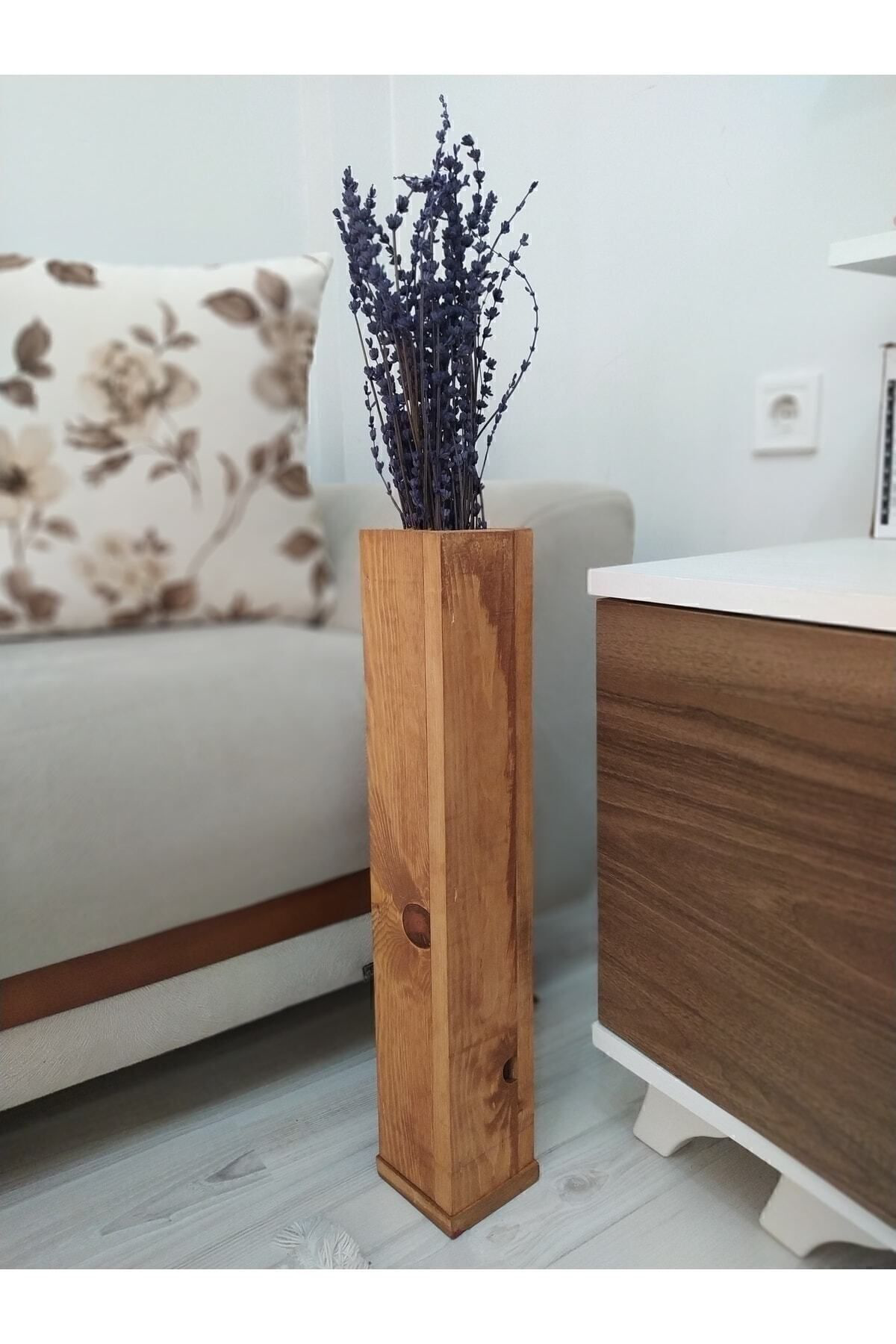 Üzüm Yapraği Ahşap Vazo Pampas Yapay Çiçek Vazosu Uzun Biblo 49 Cm