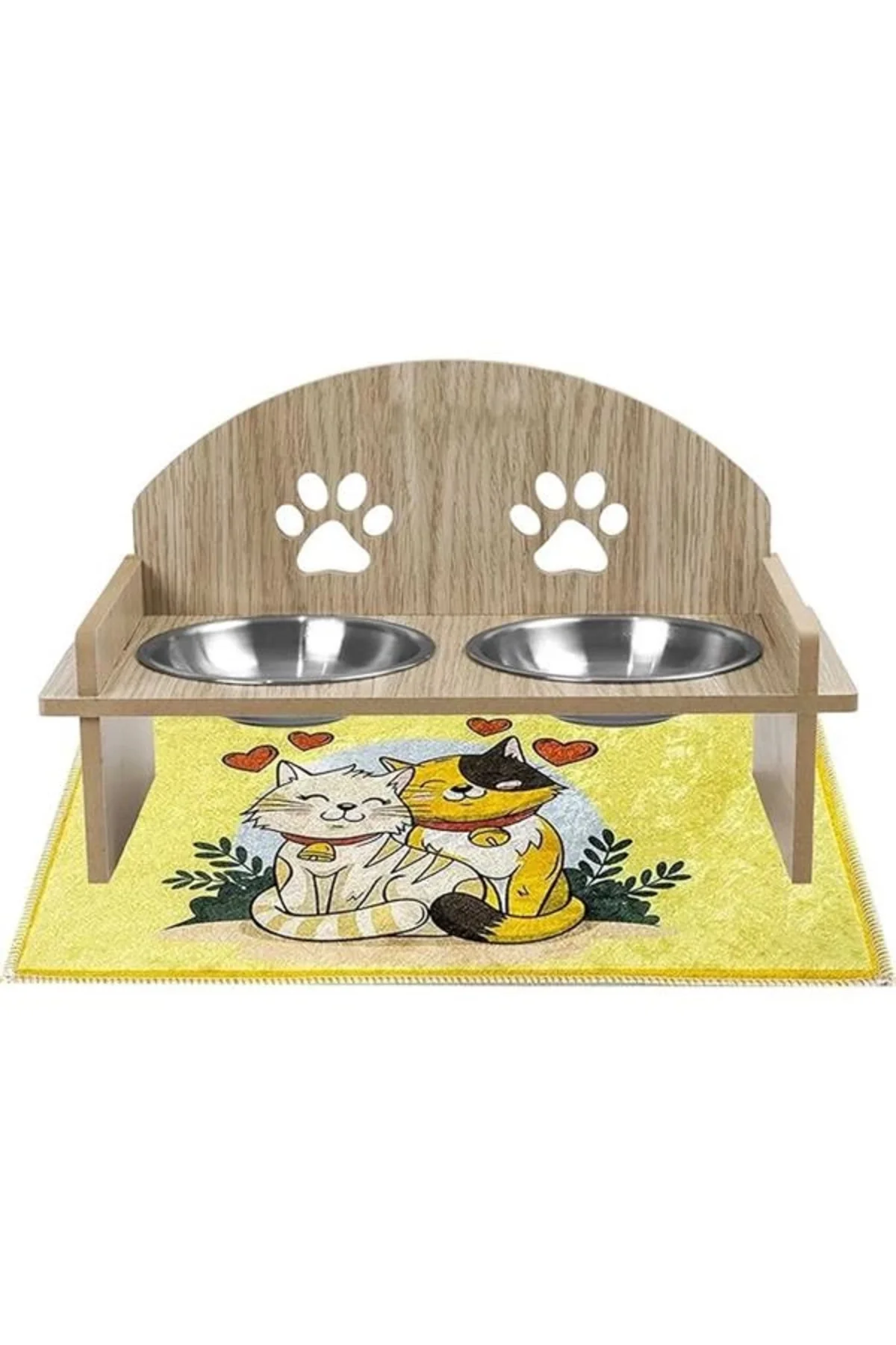 Ahşap ve Metal Çift Hazneli Kedi Mama ve Su Kabı ile Paspas - Köpek için de Uygun (Oval)