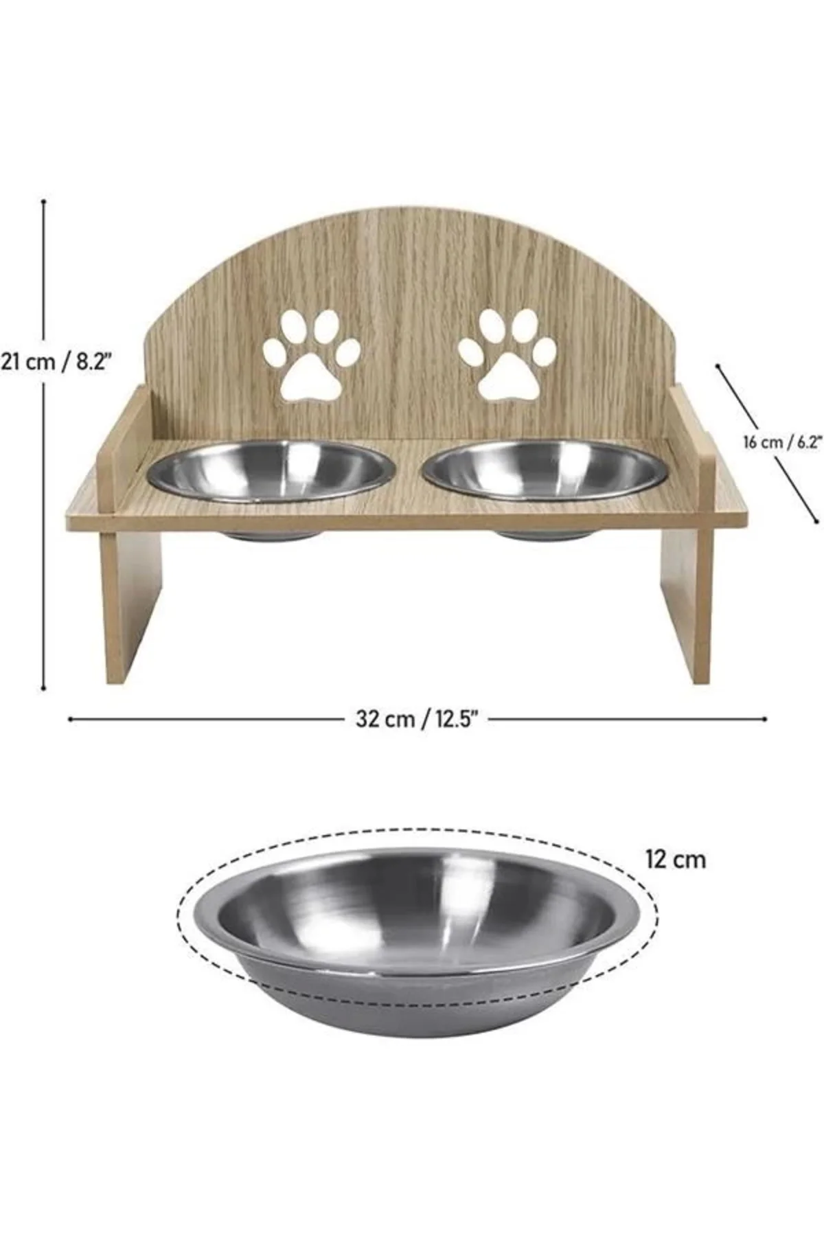 Ahşap ve Metal Çift Hazneli Kedi Mama ve Su Kabı ile Paspas - Köpek için de Uygun (Oval)