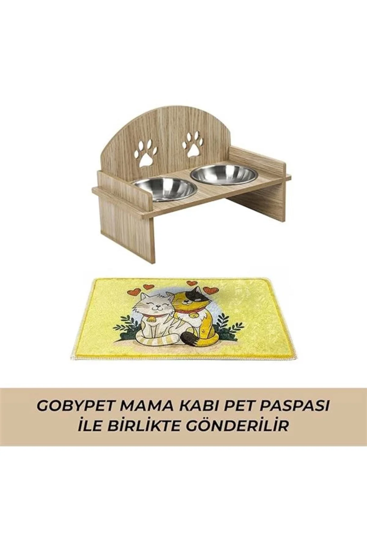 Ahşap ve Metal Çift Hazneli Kedi Mama ve Su Kabı ile Paspas - Köpek için de Uygun (Oval)