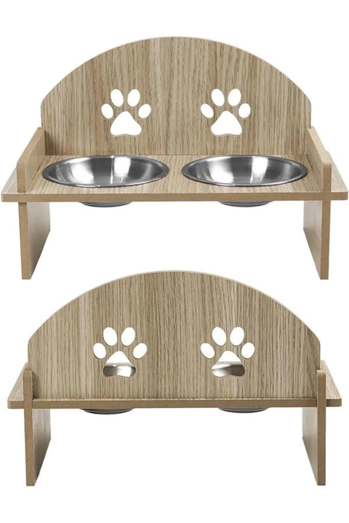 Ahşap ve Metal Çift Hazneli Kedi Mama ve Su Kabı ile Paspas - Köpek için de Uygun (Oval)