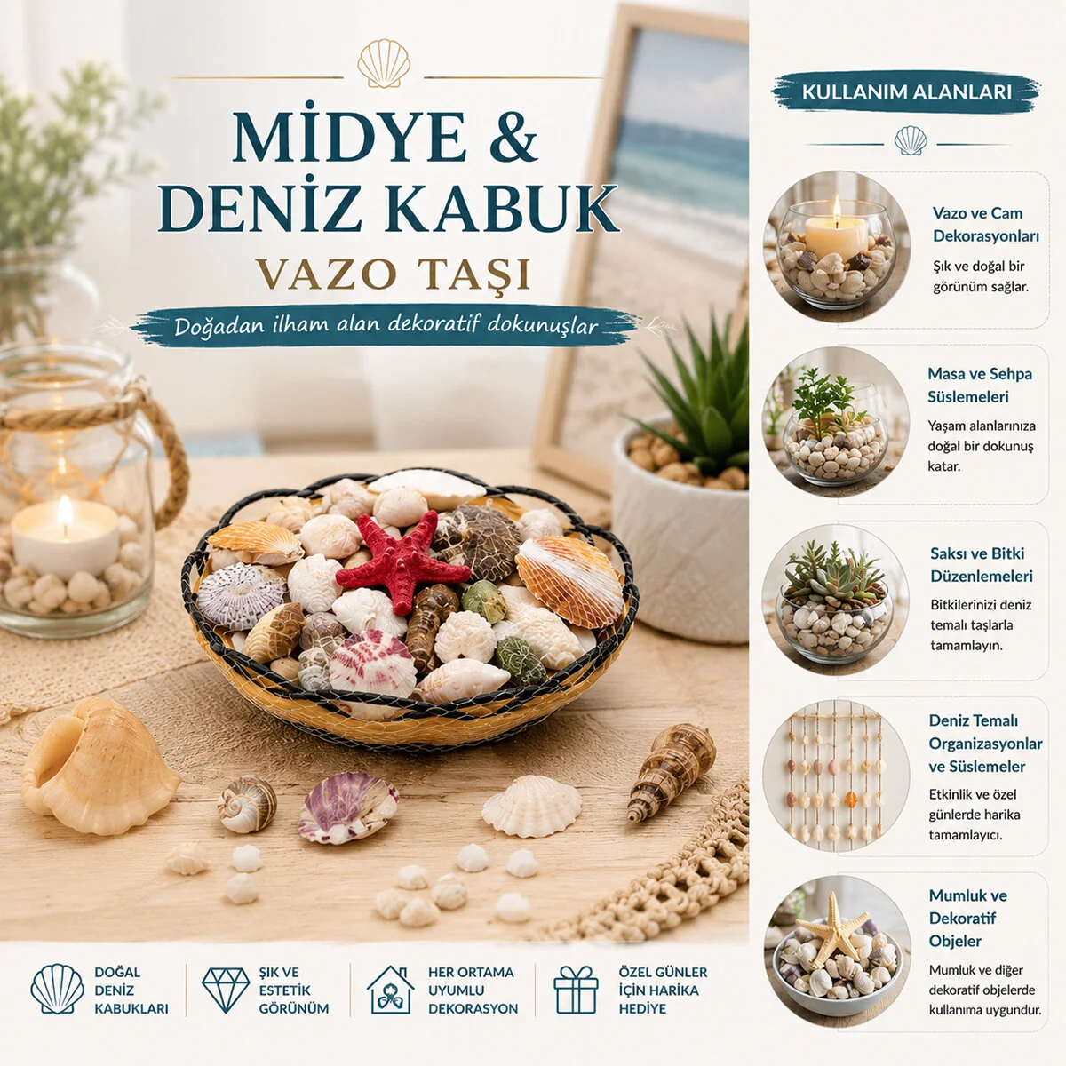 Ahşap Yuvarlak Sepet - Fileli Renkli Mix Midye - Deniz Kabuk Vazo Taşı Fiyatı, Yorumları ve Özellikleri