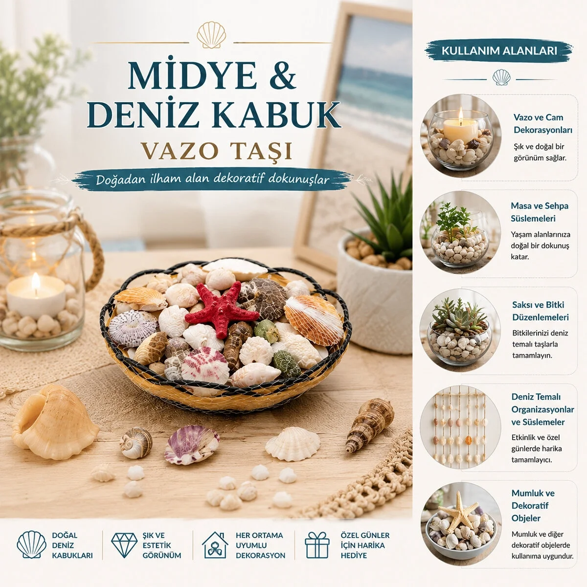 Ahşap Yuvarlak Sepet - Fileli Renkli Mix Midye - Deniz Kabuk Vazo Taşı Bx40 Fiyatı, Yorumları ve Özellikleri