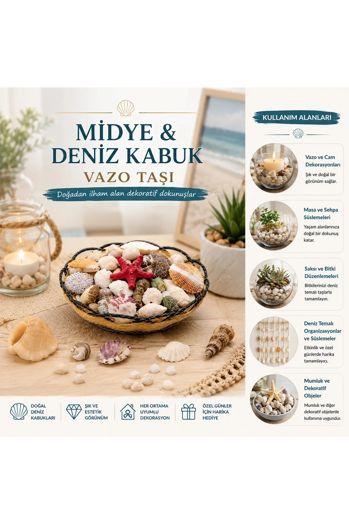 Ahşap Yuvarlak Sepet Fileli Renkli dye Deniz Kabuk Vazo Taşı