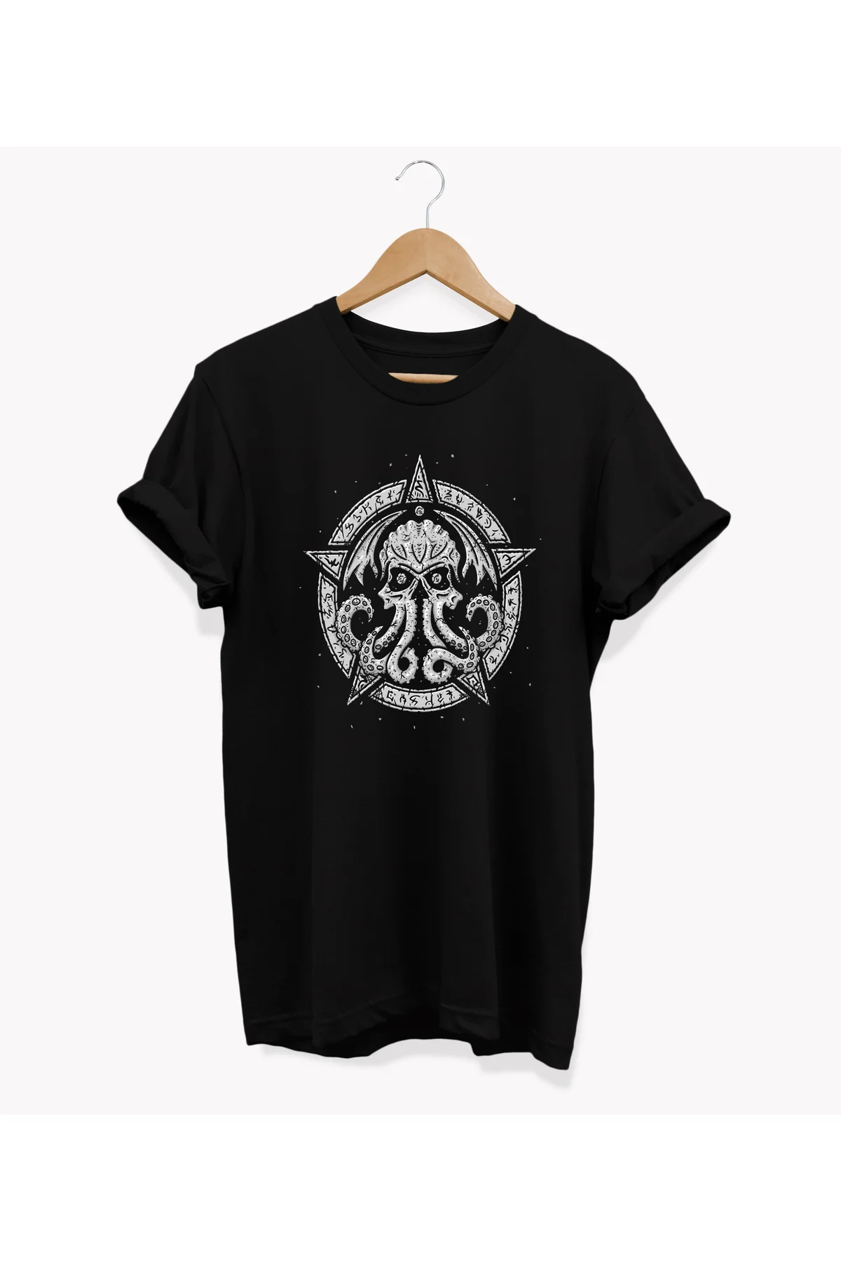 , Ahtapot Baskılı, %100 Pamuk, Bisiklet Yaka, Oversize T-shirt, B
