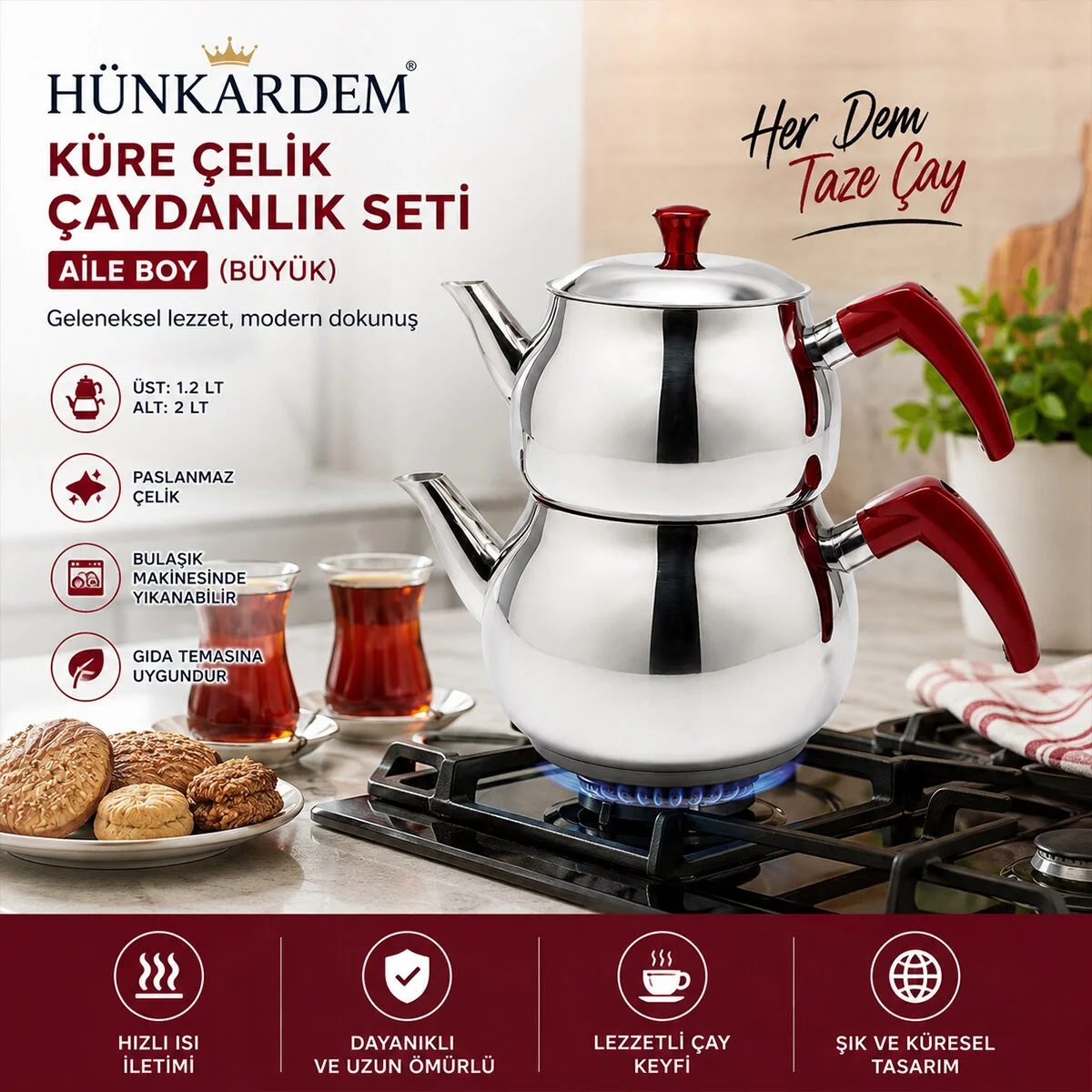 Aile Büyük Boy Küre Çelik Çaydanlık Seti Üst: 1.2LT - Alt: 2LT Fiyatı, Yorumları ve Özellikleri