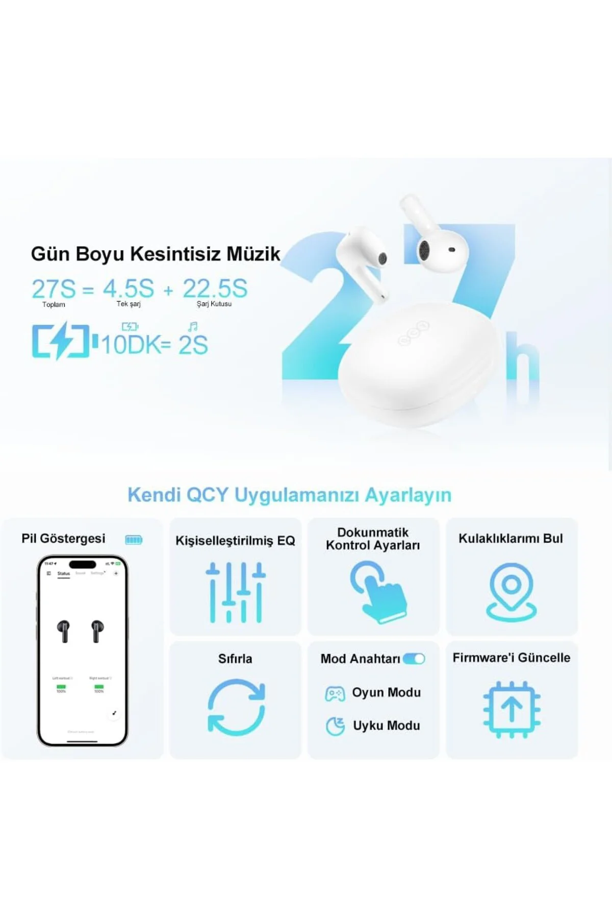 AilyBuds E10 Bluetooth Kulaklık - HiRes - LDAC - Çift Cihaz - Oyun Modu 4 Mics ENC Kulak