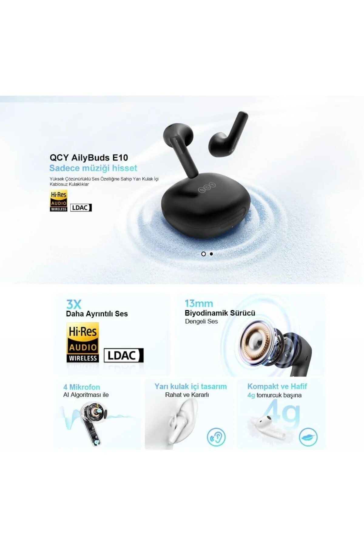 AilyBuds E10 Bluetooth Kulaklık - HiRes - LDAC - Çift Cihaz - Oyun Modu 4 Mics ENC Kulak