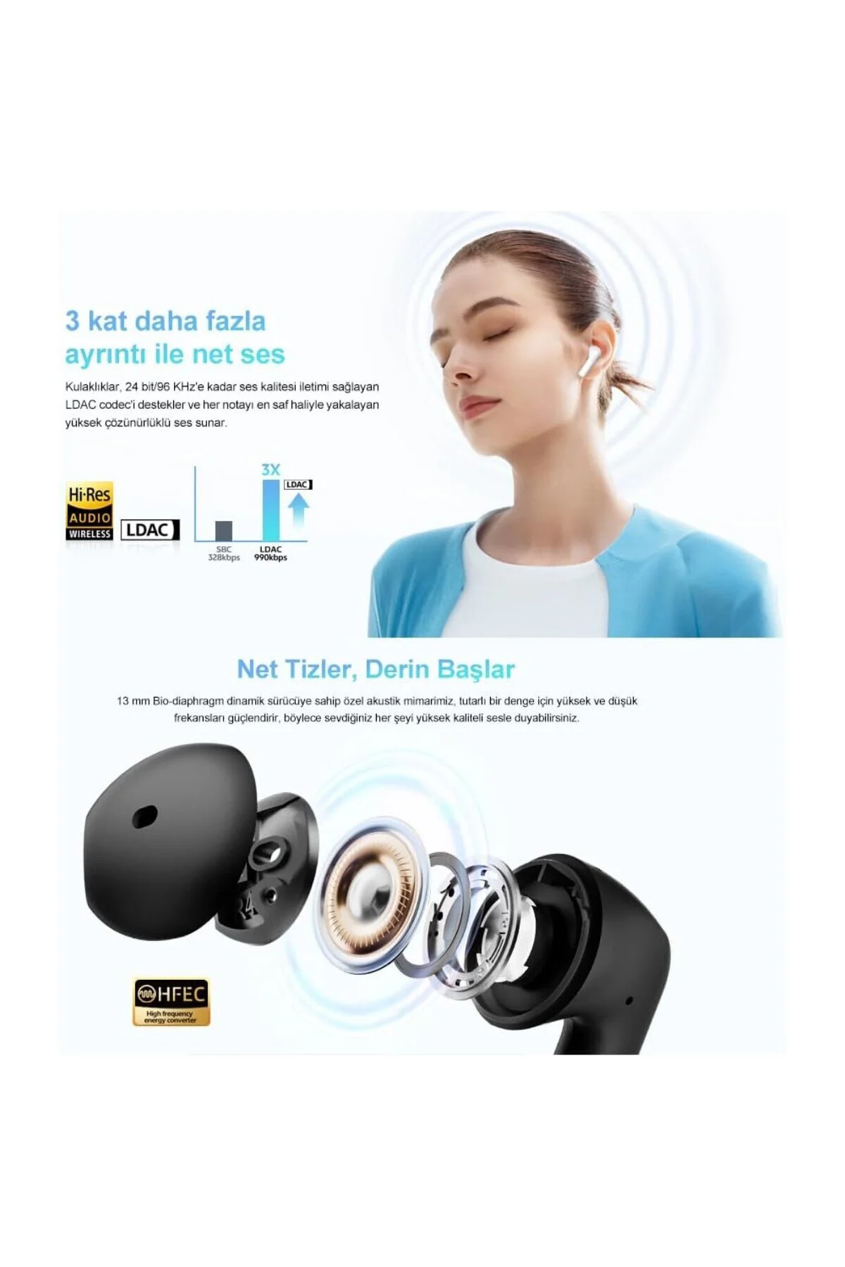 AilyBuds E10 Bluetooth Kulaklık - HiRes - LDAC - Çift Cihaz - Oyun Modu 4 Mics ENC Kulak