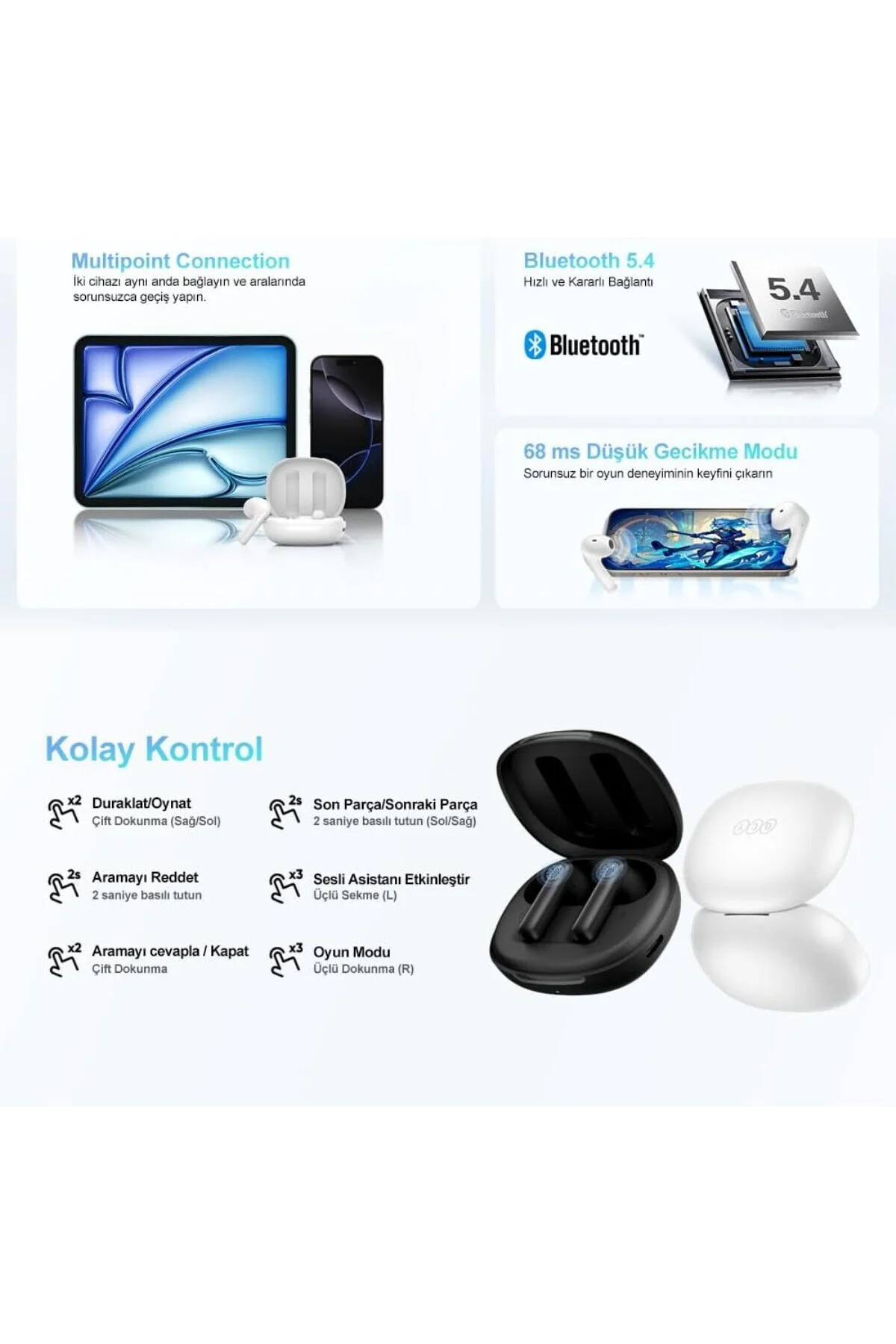 AilyBuds E10 Bluetooth Kulaklık - HiRes - LDAC - Çift Cihaz - Oyun Modu 4 Mics ENC Kulak
