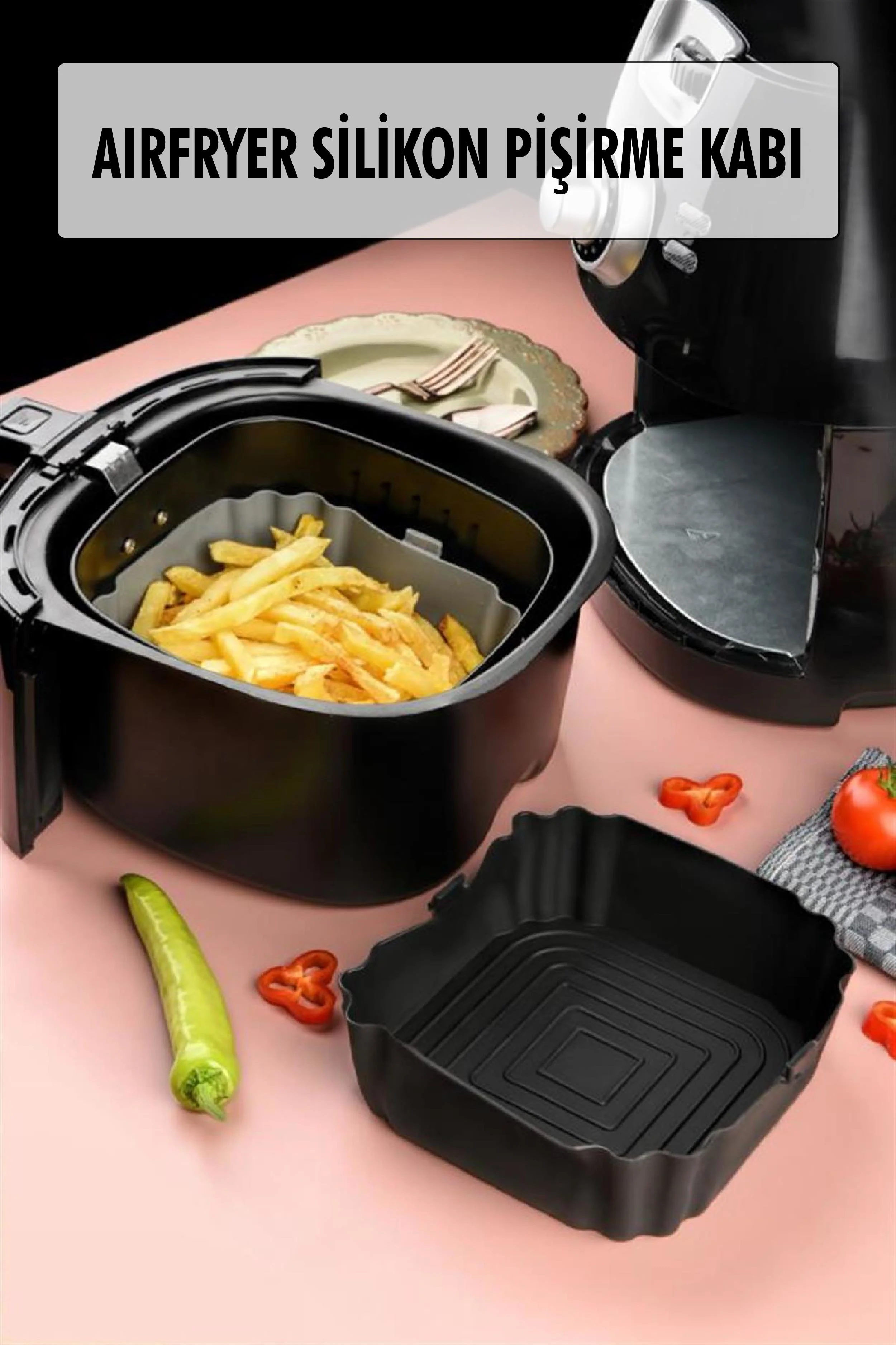 Airfryer Siyah Silikon Pişirme Kabı - Tüm Markalara Uyumlu 17x17 cm