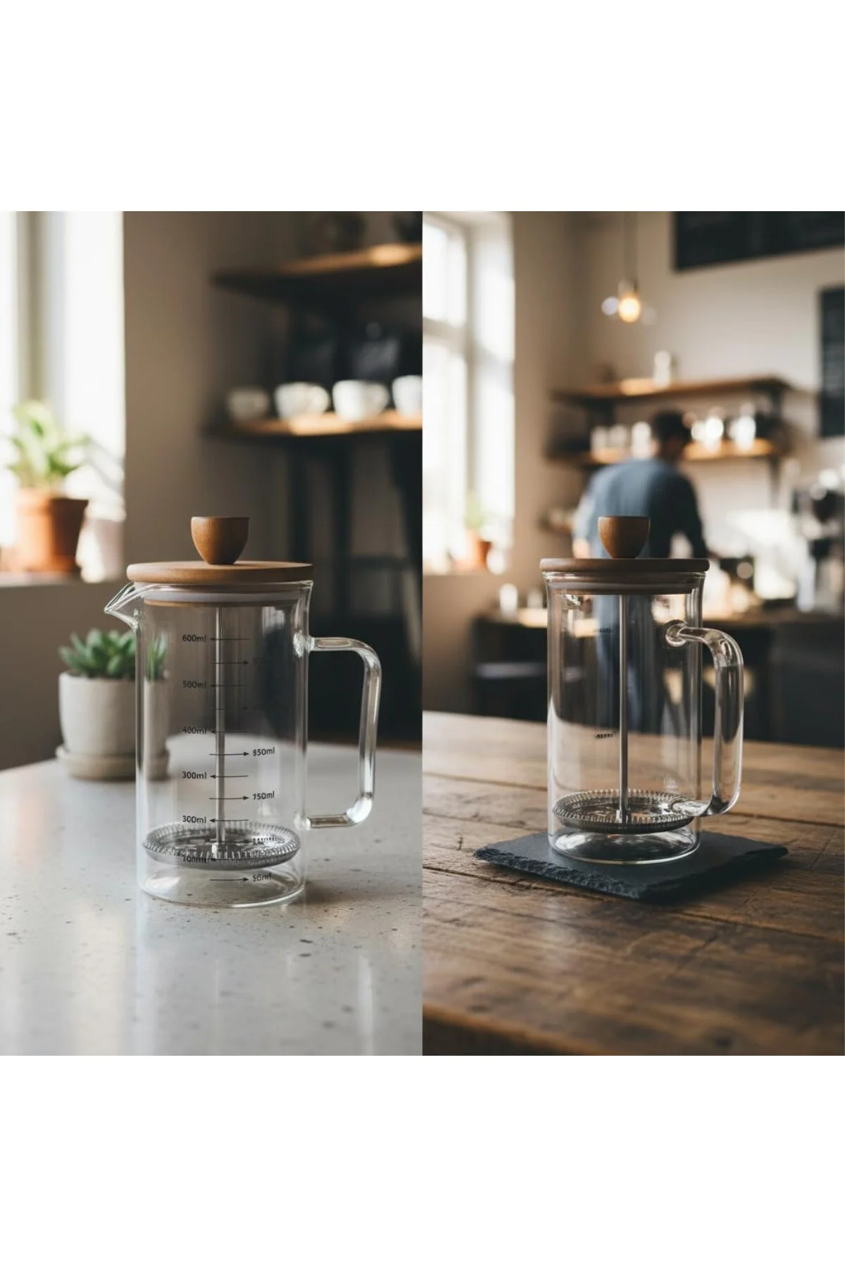 Akasya Ahşap Kapaklı Borosilikat Cam French Press - Ölçü Çizgili 