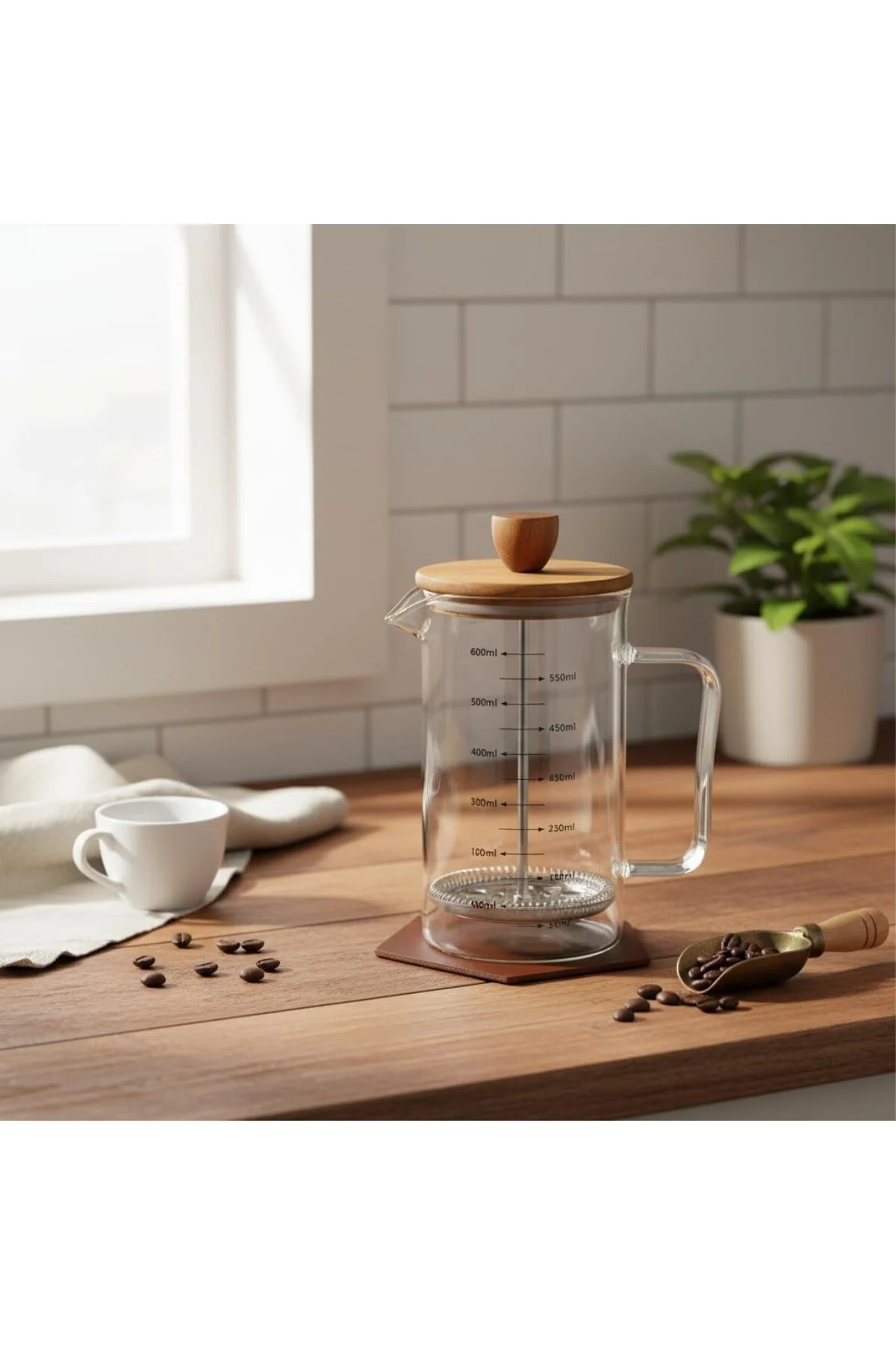 Akasya Ahşap Kapaklı Borosilikat Cam French Press - Ölçü Çizgili 