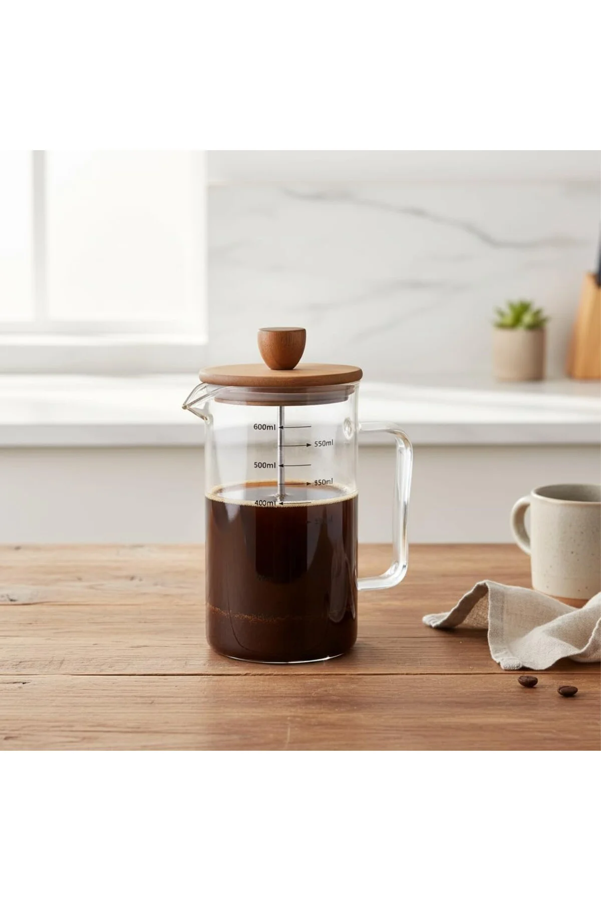 Akasya Ahşap Kapaklı Borosilikat Cam French Press - Ölçü Çizgili 