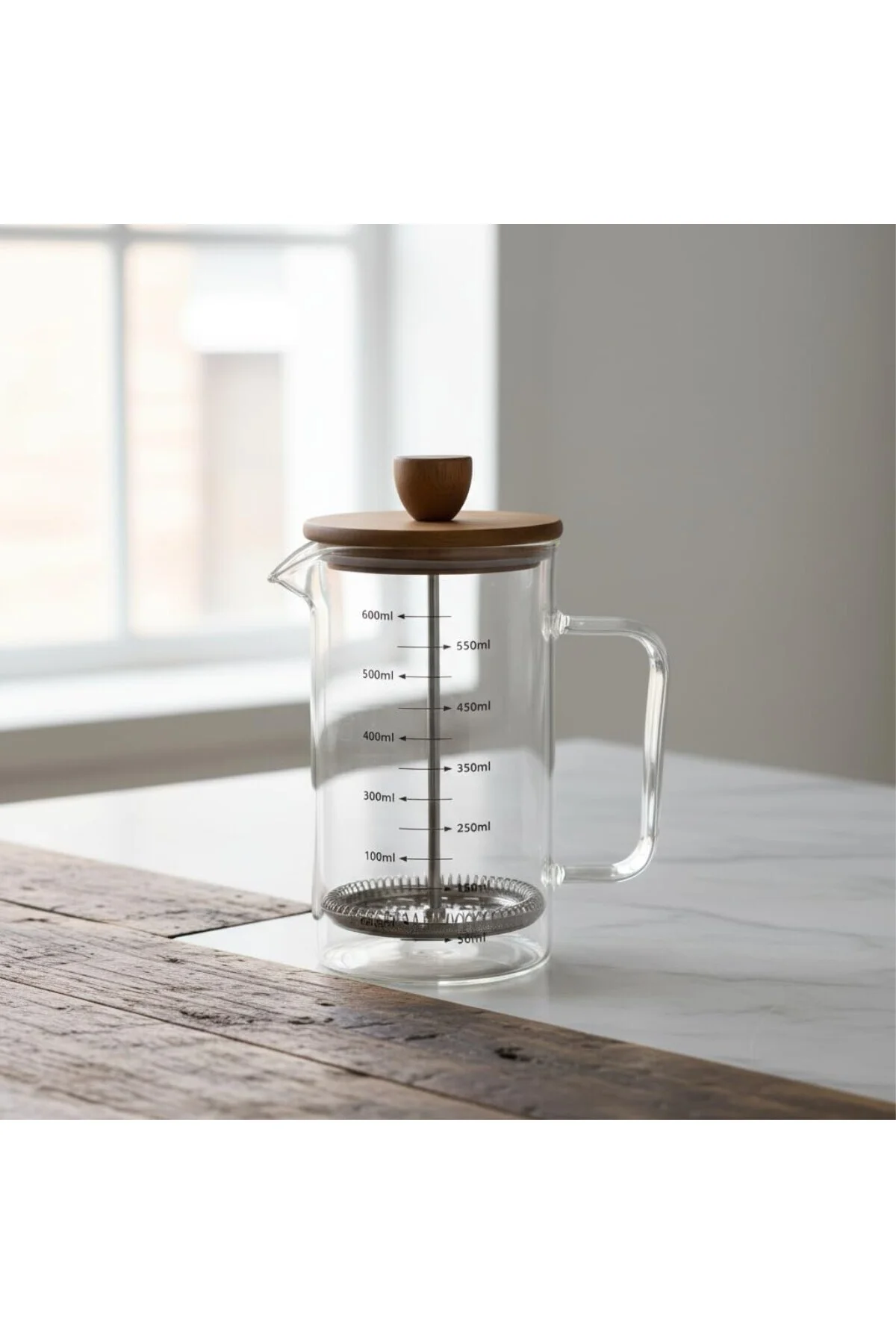 Akasya Ahşap Kapaklı Borosilikat Cam French Press - Ölçü Çizgili 