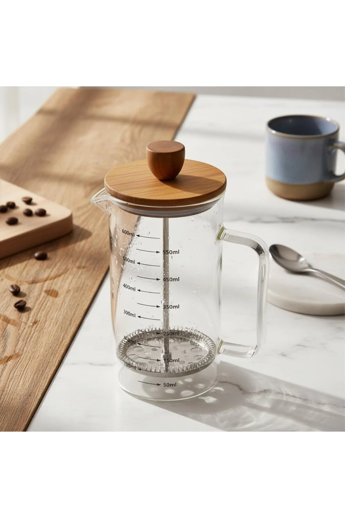 Akasya Ahşap Kapaklı Borosilikat Cam French Press - Ölçü Çizgili 