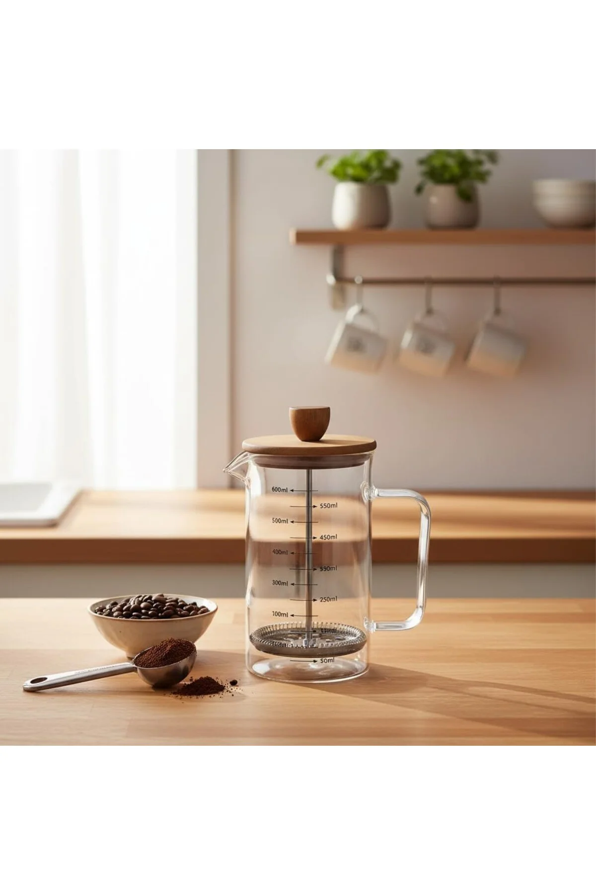 Akasya Ahşap Kapaklı Borosilikat Cam French Press - Ölçü Çizgili 