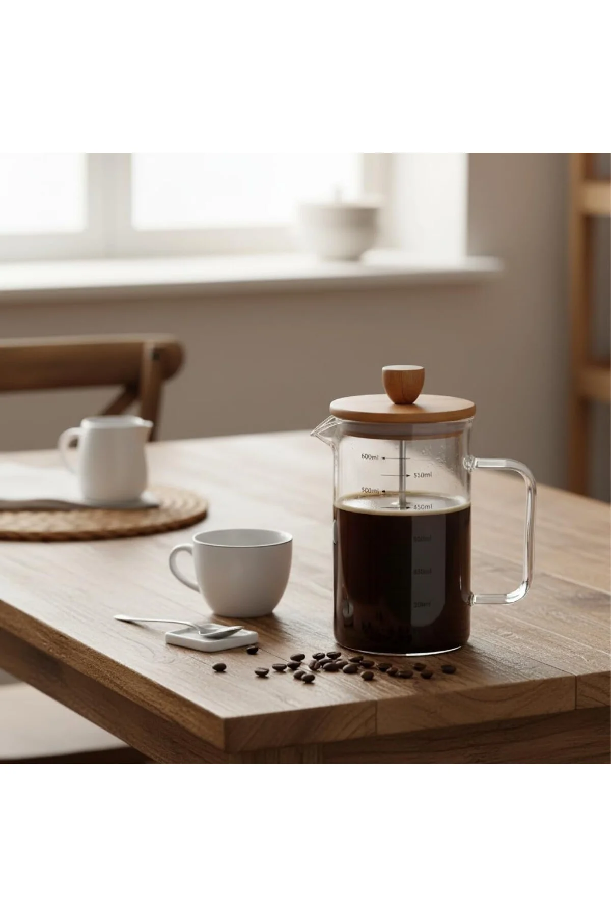Akasya Ahşap Kapaklı Borosilikat Cam French Press - Ölçü Çizgili 