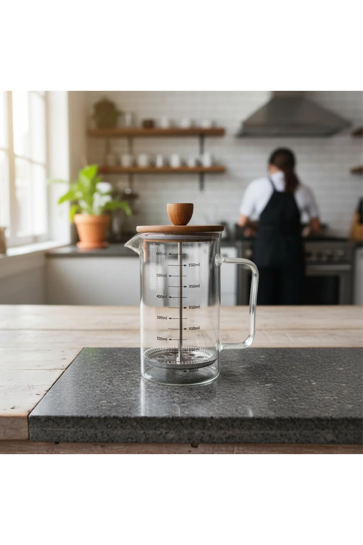 Akasya Ahşap Kapaklı Borosilikat Cam French Press - Ölçü Çizgili 