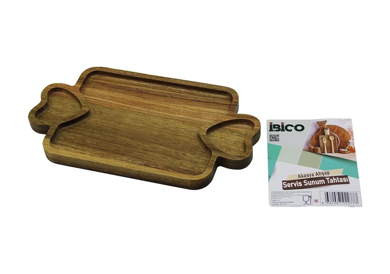Akasya Dikdörtgen 3 Bölmeli 2in1 Kalp Kulp - Bölme + 1 Ahşap Bambu Servis Sunum Tepsi - Tahtası 25 X 14 X 1.4cm 5224