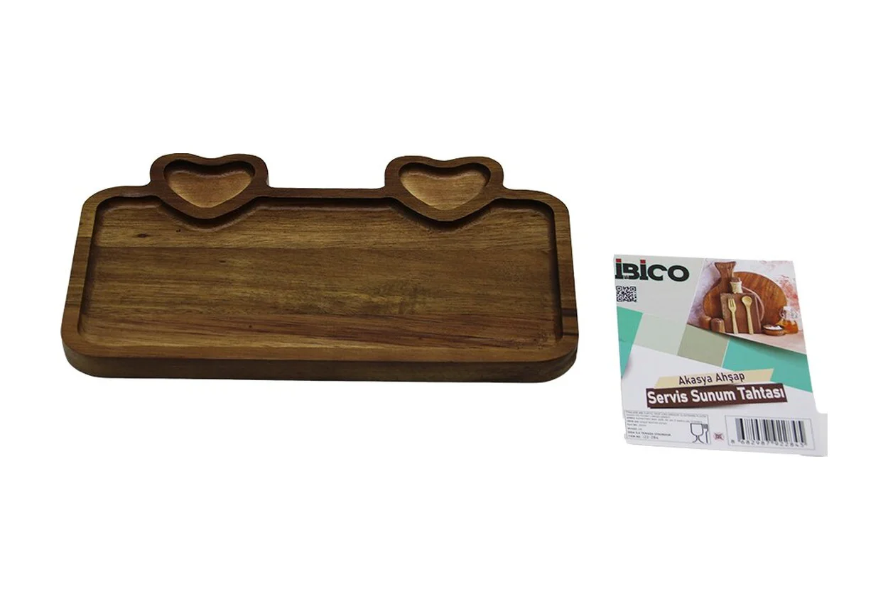 Akasya Dikdörtgen 3 Bölmeli 2in1 Kalp Bölme+1 Ahşap Servis Sunum Tepsi - Tahtası 25 X 14 X 1.4cm 5224