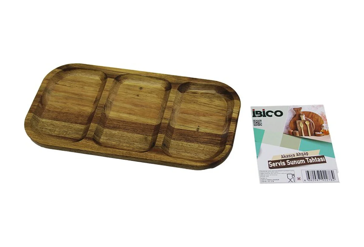 Akasya Dikdörtgen 3 Bölmeli 2+1 Ahşap Servis Sunum Tepsi - Tahtası 25 X 14 X 1.4cm 5224