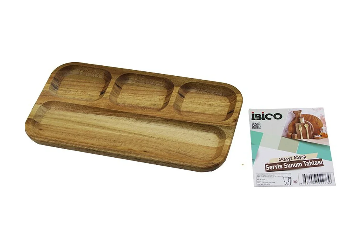 Akasya Dikdörtgen 4 Bölmeli 3+1 Ahşap Servis Sunum Tepsi - Tahtası 25 X 14 X 1.4cm 5224